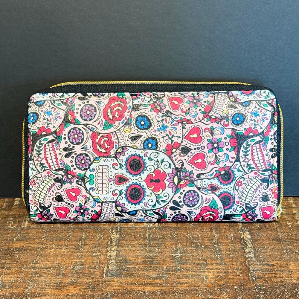 Sugar Skull Day of the Dead Zip-Around Wallet Pink Floral Gothic Clutch Calavera